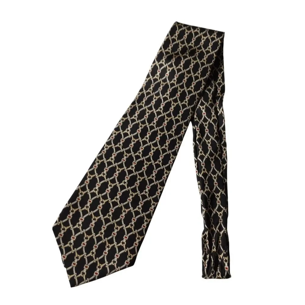 Van Heusen 417 Mens Silk Tie Black Gold Red Geometric Chain Link Pattern Classic